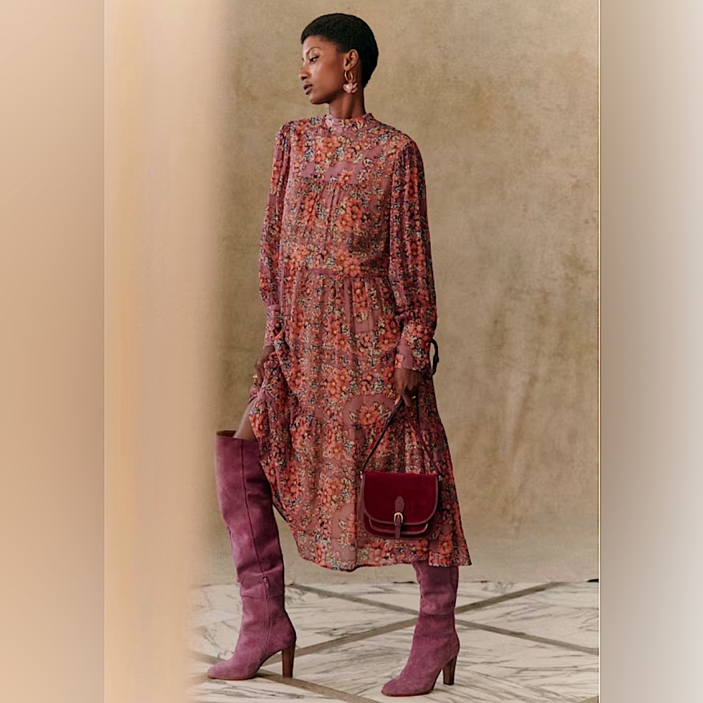 Sézane Floral Long Sleeve Dress in violet SZ US 10